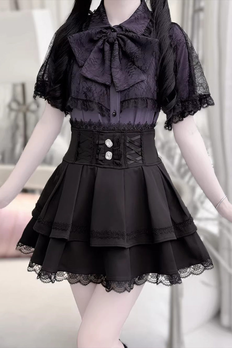 [Dark Moon Shadow] Short Sleeves Double-Layered Ruffled Embroidered Bow Lace-Up Gothic Jirai Kei Lolita Top + Skirt Set