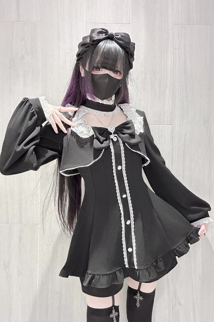 Black [Twilight Prelude] Long Sleeves Ruffled Bow Lace Jirai Kei Japanese Dress and Shorts Set
