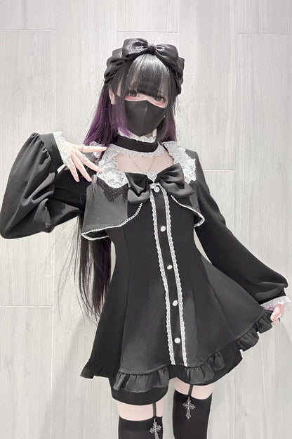 Black [Twilight Prelude] Long Sleeves Ruffled Bow Lace Jirai Kei Japanese Dress and Shorts Set