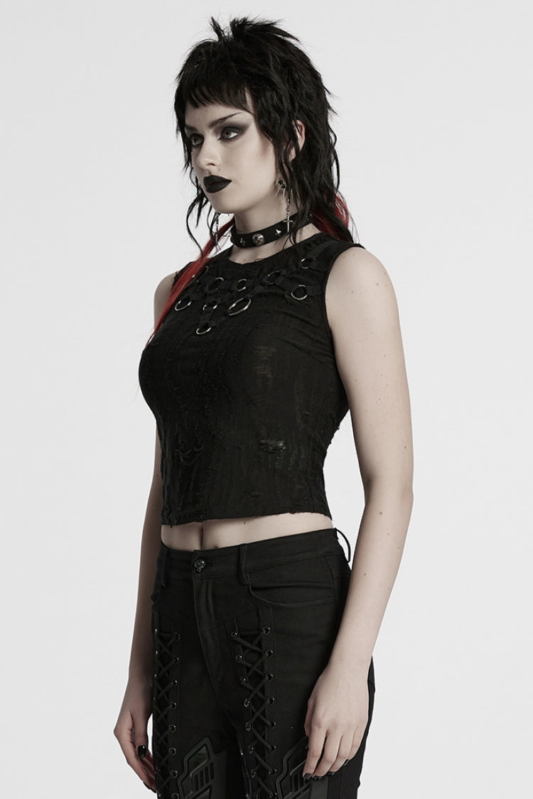 Black Sleeveless Strap Stitching Ripped Women's Punk Vest