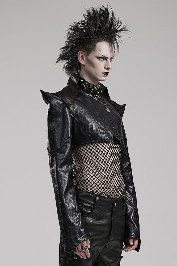 Black Stand Collar Zipper Faux Leather Sharp Shoulders Mens Steampunk Short Coat
