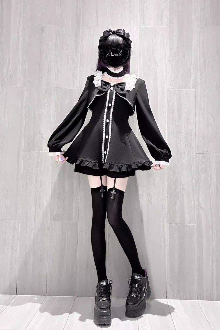 Black [Twilight Prelude] Long Sleeves Ruffled Bow Lace Jirai Kei Japanese Dress and Shorts Set