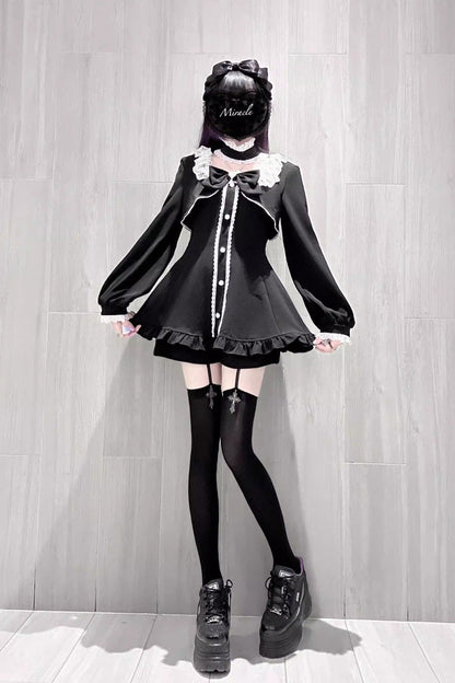 Black [Twilight Prelude] Long Sleeves Ruffled Bow Lace Jirai Kei Japanese Dress and Shorts Set