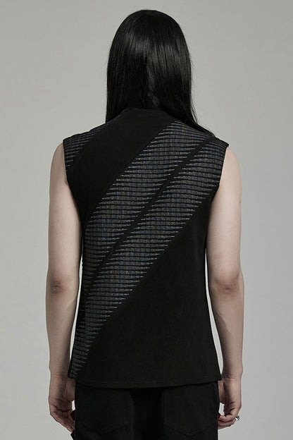 Black Sleeveless Print Asymmetric Zipper Men's Punk Tank Top