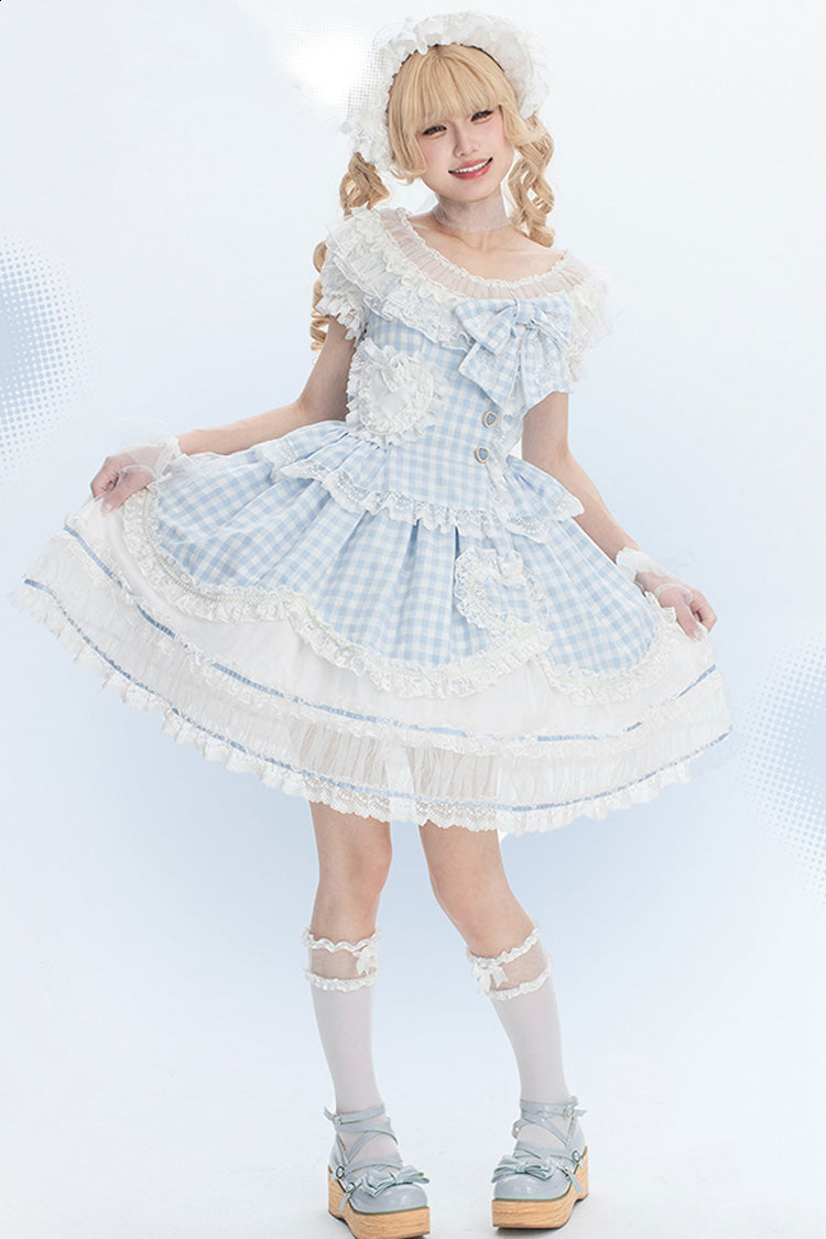 Blue [Tea Break Sweetheart] Short Sleeves Multi-Layered Plaid Print Ruffle Sweet Lolita Dress