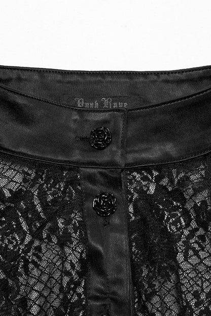 Black Stand Collar Long Puff Sleeves Hollow Embroidery Lace Women's Gothic Blouse