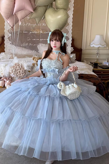 Blue [Mousse Love Song] Sleeveless Multi-Layered Ruffled Hanayome Bow Sweet Lolita Dress