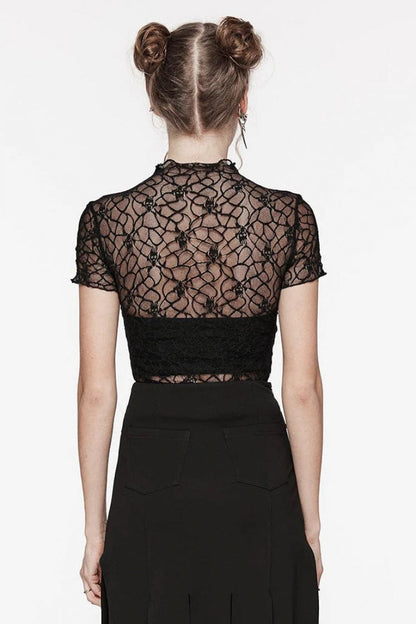Black Round Collar Short Sleeves Hollow Mesh Women's Gothic Top