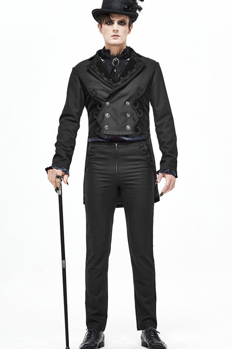 Black Retro Velveteen Front Floral Webbing Metal Button Weft Swallowtail Men's Gothic Coat