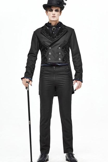 Black Retro Velveteen Front Floral Webbing Metal Button Weft Swallowtail Men's Gothic Coat