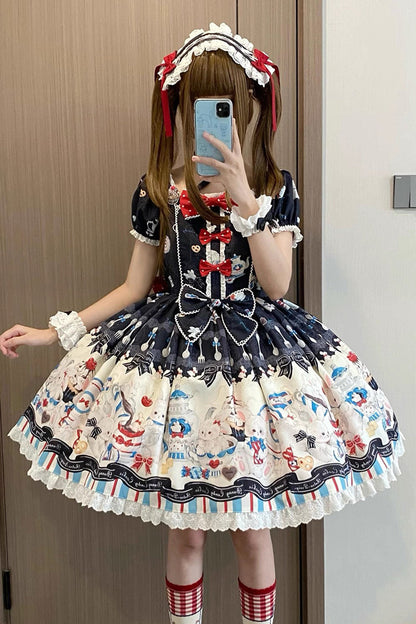 Black [Mystery Rabbit Tea Party] Square Collar Short Sleeves Print Ruffle Bowknot Lace Sweet Lolita Dress