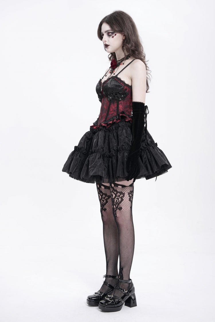 Red Sleeveless Ruffle Embroidery Lace-Up Women's Gothic Tank Top