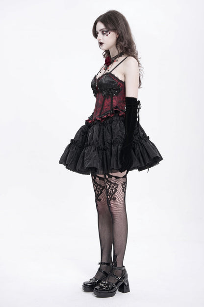 Red Sleeveless Ruffle Embroidery Lace-Up Women's Gothic Tank Top