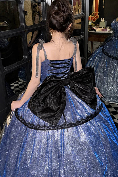 Blue [Galaxy of Fallen Tears] Sleeveless Glitter Series Ruffled Bow Asymmetric Sweet Lolita Jsk Dress
