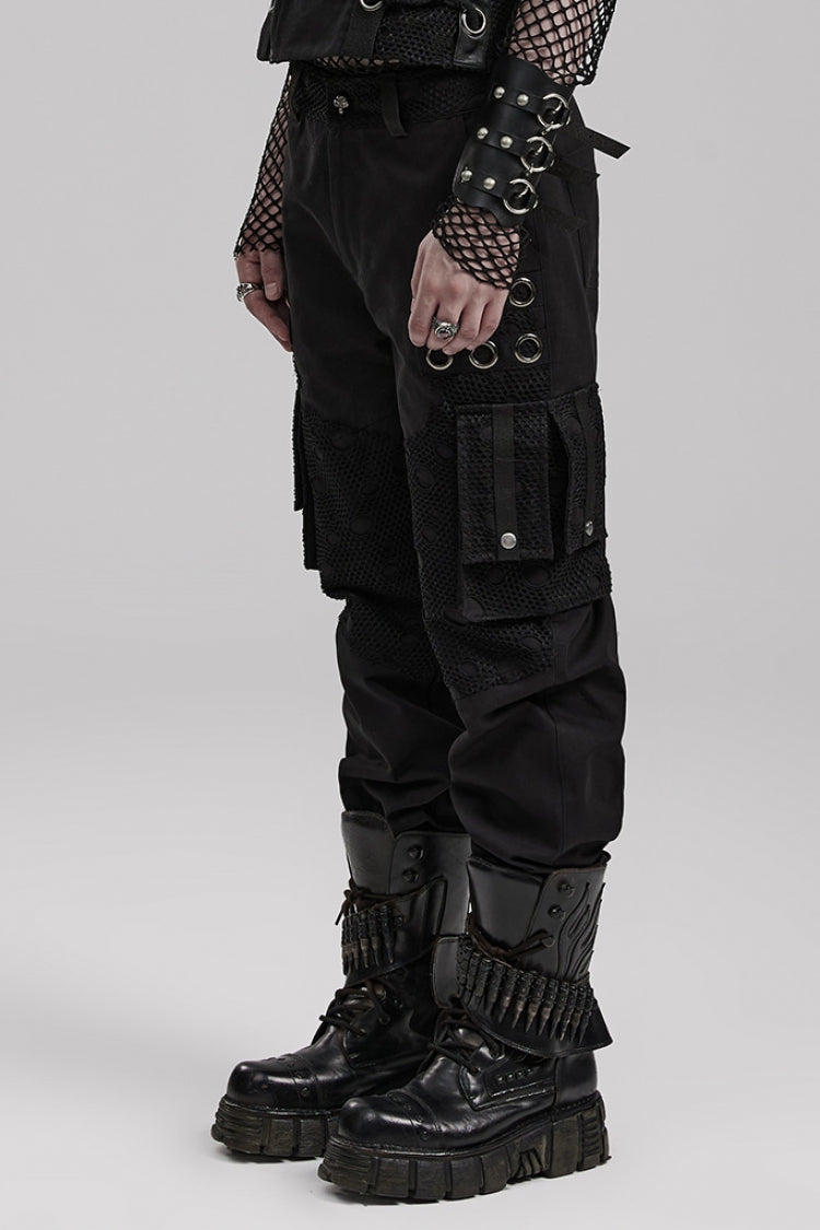 Black Stitching Mesh Metal Ring Decoration Men's Steampunk Pants