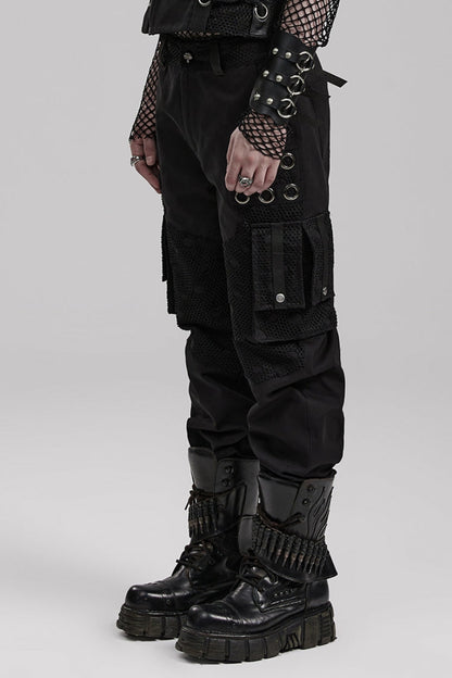 Black Stitching Mesh Metal Ring Decoration Men's Steampunk Pants