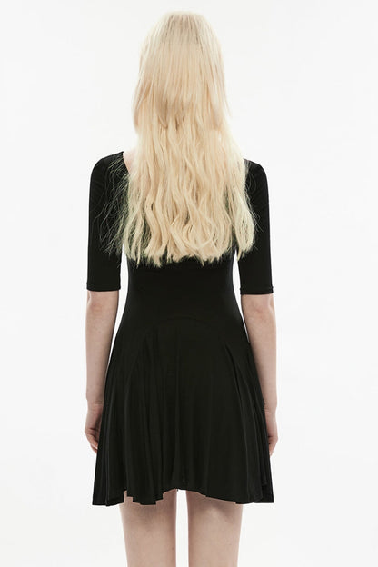 Black Round Collar Half Sleeves Skull Single-Breasted Women's Gothic Dress