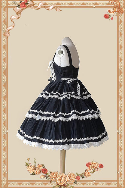 Black/White Three-section Cake Sleeveless Ribbon Sweet Lolita Tiered Dress
