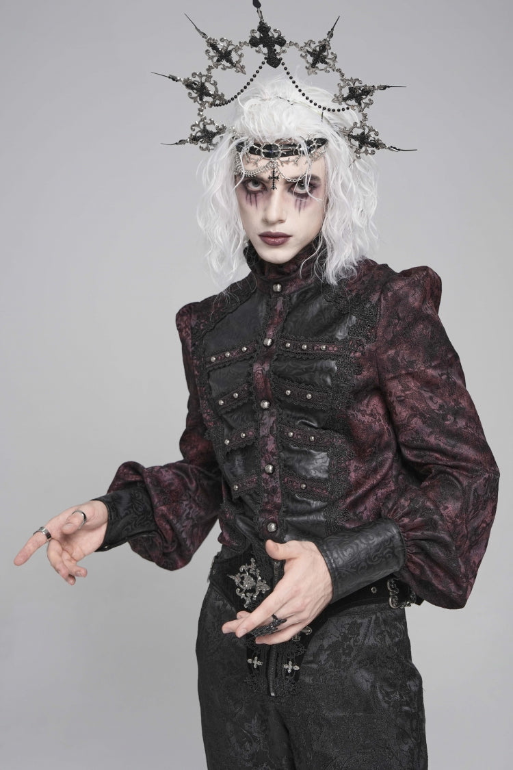 Black/Red Stand Collar Long Lantern Sleeves Floral Print Embroidery Men's Gothic Blouse