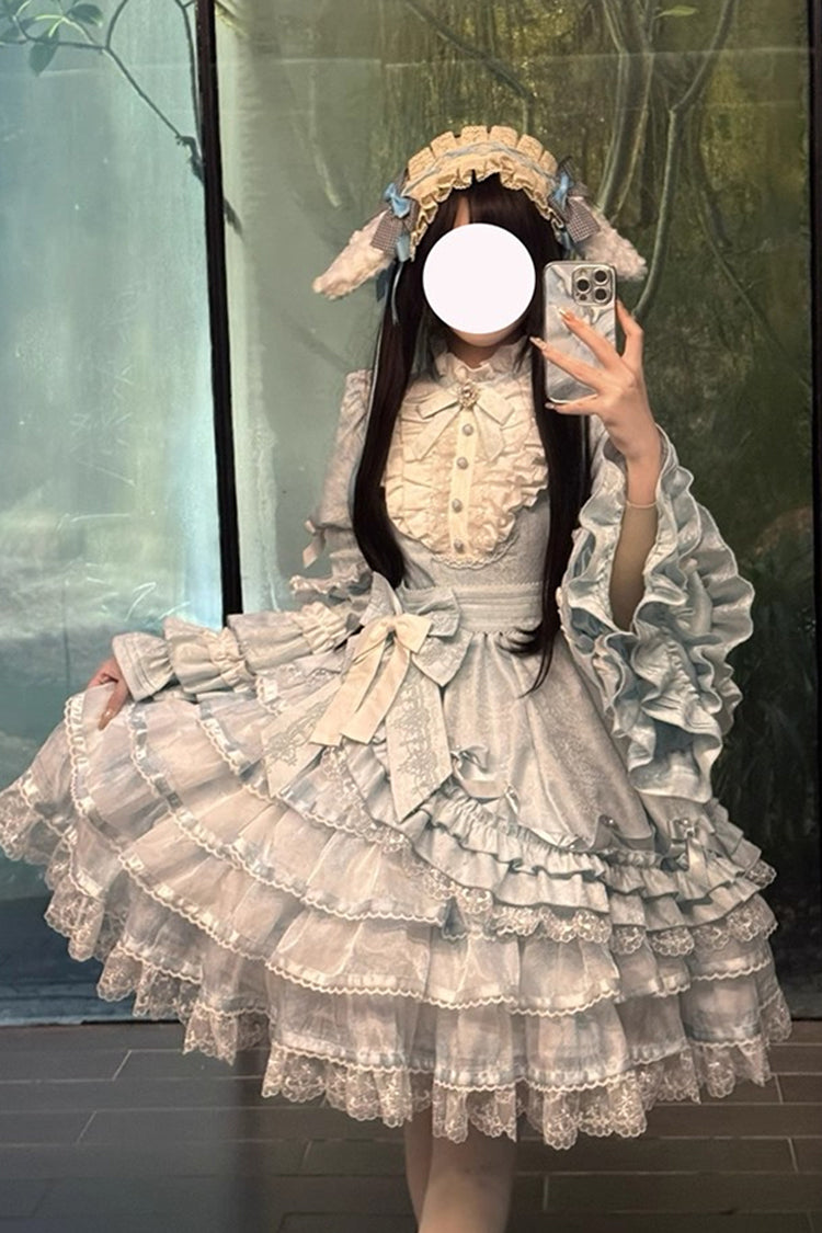 Blue [The Soloist Doll] Long Hime Sleeves Multi-Layered Print Ruffle Bowknot Asymmetric Sweet Lolita Dress