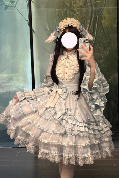 Blue [The Soloist Doll] Long Hime Sleeves Multi-Layered Print Ruffle Bowknot Asymmetric Sweet Lolita Dress