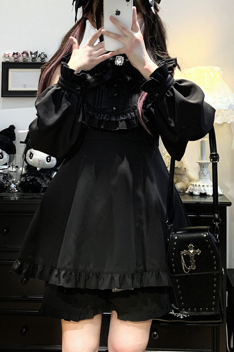 Black [Rose Princess] Off Shoulder Long Sleeves Ruffle Bowknot Gothic Jirai Kei Dress