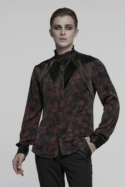 Black/Red Stand Collar Long Sleeves Ruffle Pleated Men's Gothic Blouse