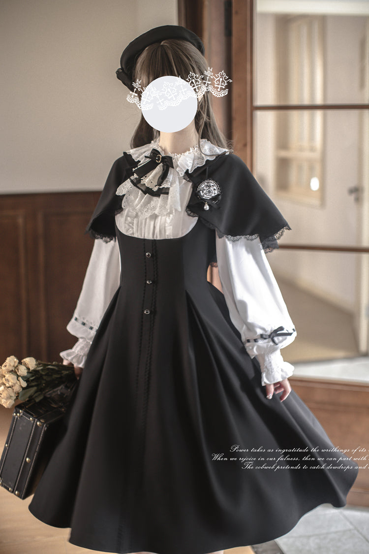 Black/White [Sunset Academy] Long Sleeves Ruffle Bowknot Fake Two Pieces Vintage College Style Elegant Lolita Dress