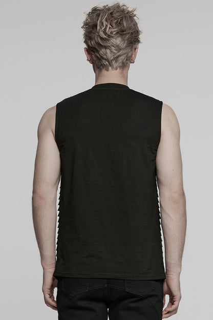 Black Round Collar Sleeveless Stitching Mesh Buckle Men's Punk Vest