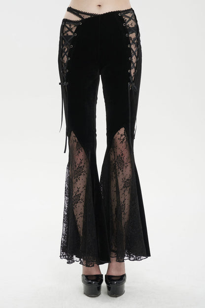 Black Velvet-Paneled Mesh Side-Adjustable Asymmetrical Women's Gothic Leggings