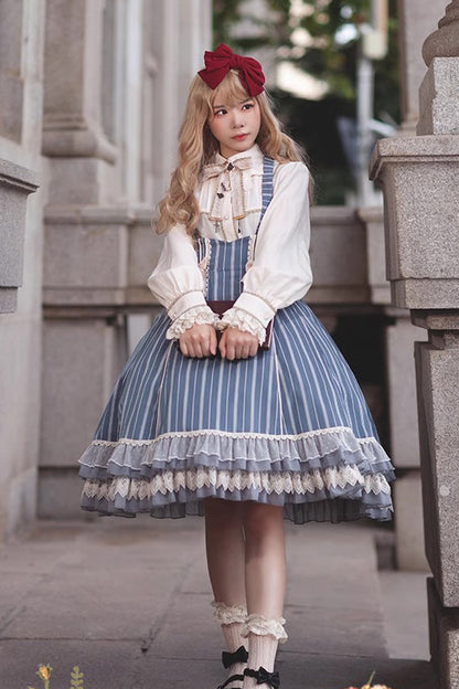 Blue Multi-layer Stripe Print Ruffle Sweet Lolita Jsk Dress