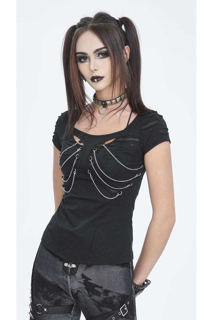 Black Short Sleeves Hollow Ripped Women's Steampunk T-Shirt