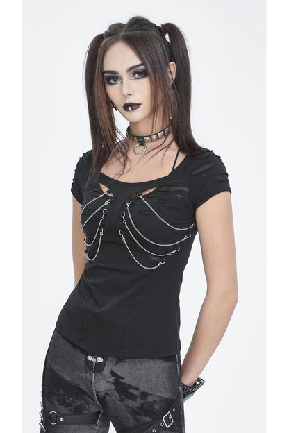 Black Short Sleeves Hollow Ripped Women's Steampunk T-Shirt
