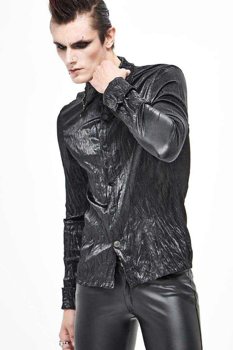 Black Twill Fold Collar Sharp Corner Cuff Light Metal Ring Webbing Men's Punk Shirt