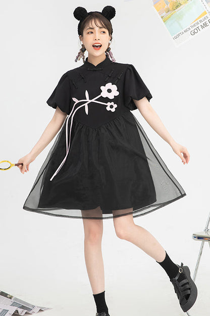 Black Stand Collar Lantern Short Sleeves Floral Print Organza Panel Sweet Lolita Dress