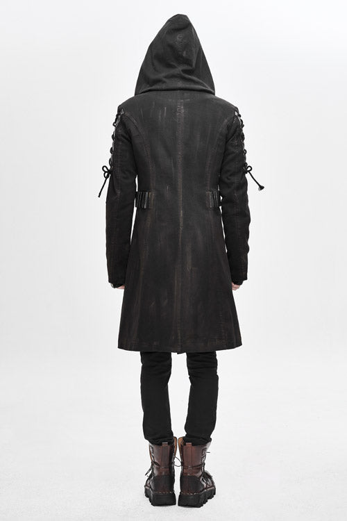 Brown Hooded Denim Tattered Long Mens Punk Coat