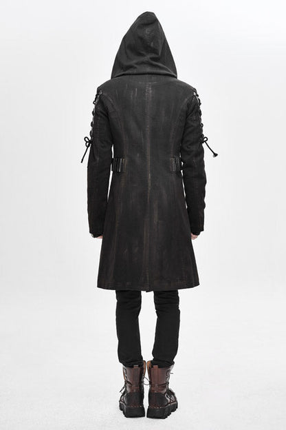 Brown Hooded Denim Tattered Long Mens Punk Coat