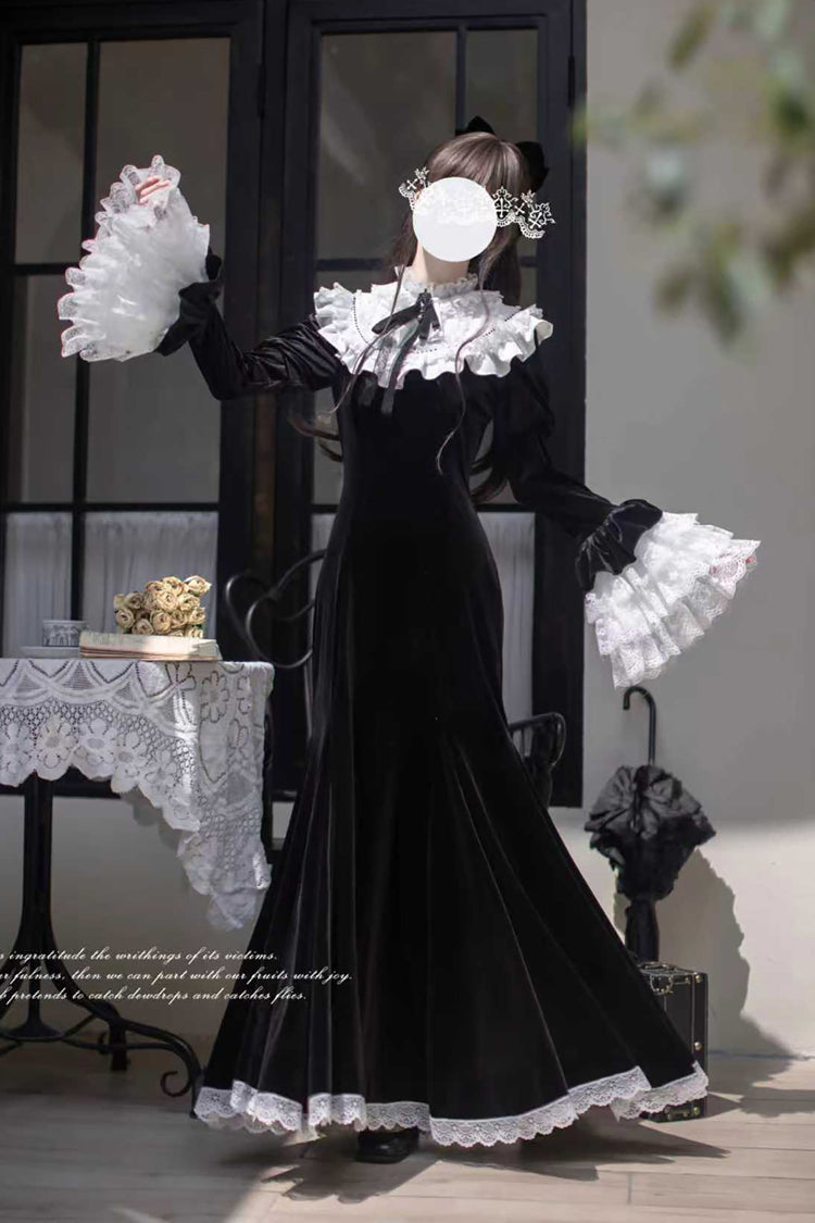 Black [Raven-Feather Poetic Letter] Velvet Long Hime Sleeves Ruffle Bowknot Gothic Elegant Lolita Fishtail Dress