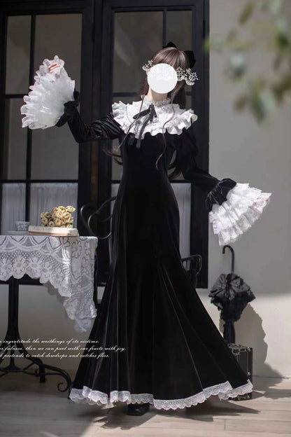 Black [Raven-Feather Poetic Letter] Velvet Long Hime Sleeves Ruffle Bowknot Gothic Elegant Lolita Fishtail Dress