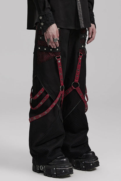 Cracked Leather Stitching Metal Rivet Decoration Mesh Men's Steampunk Pants 2 Colors