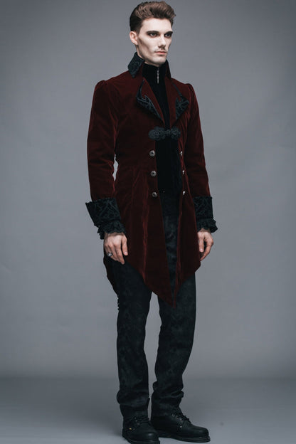 Wine Formal Party Turn Down Collar Long Sleeves Mens Gothic Swallowtail Coat