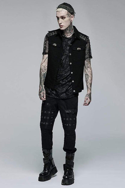 Black Punk Elastic Twill Fabric Featured Flap Pocket Metal Accessories Sleeveless Men's Vest