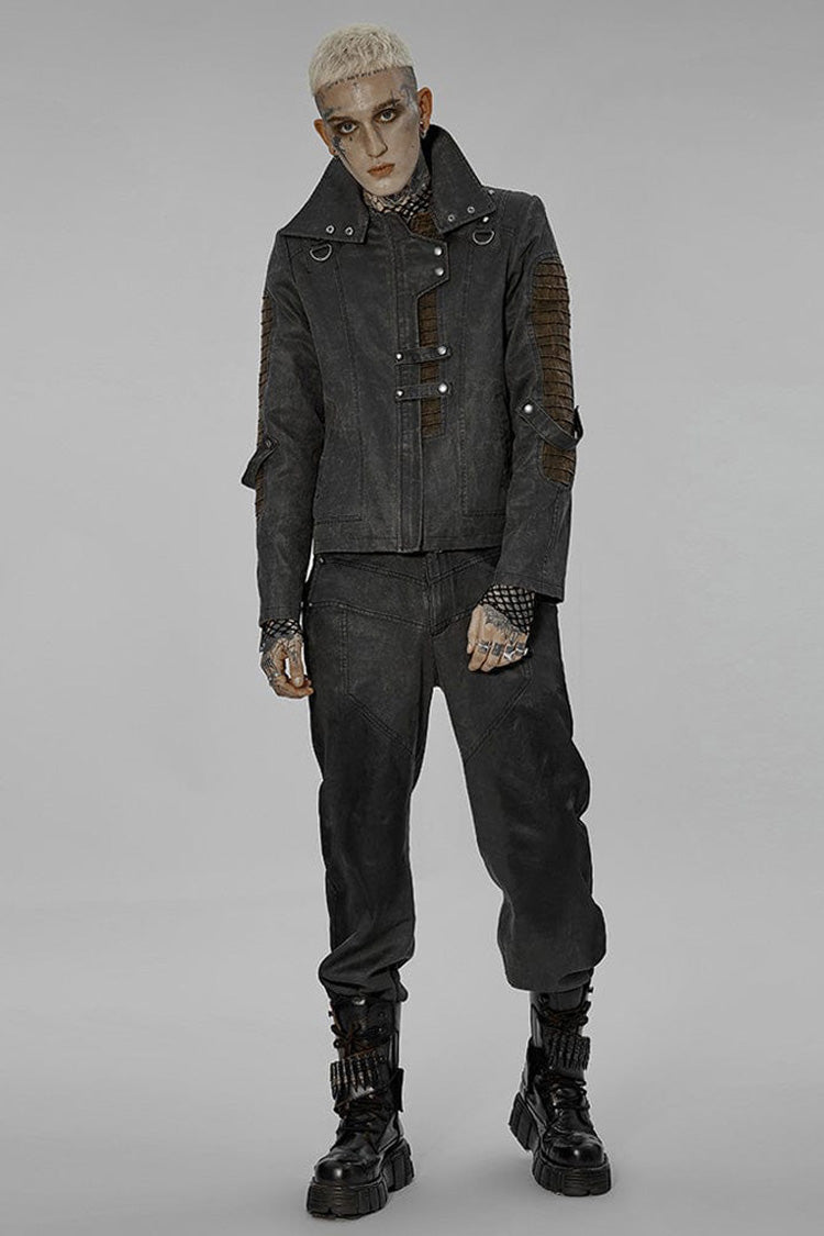 Grey Punk Post Apocalyptic Stitching Asymmetric High Neck Metal Embellished Short Loose Men's Coat
