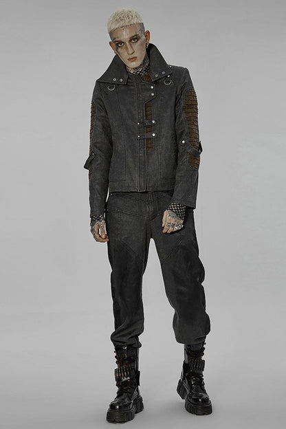 Grey Punk Post Apocalyptic Stitching Asymmetric High Neck Metal Embellished Short Loose Men's Coat