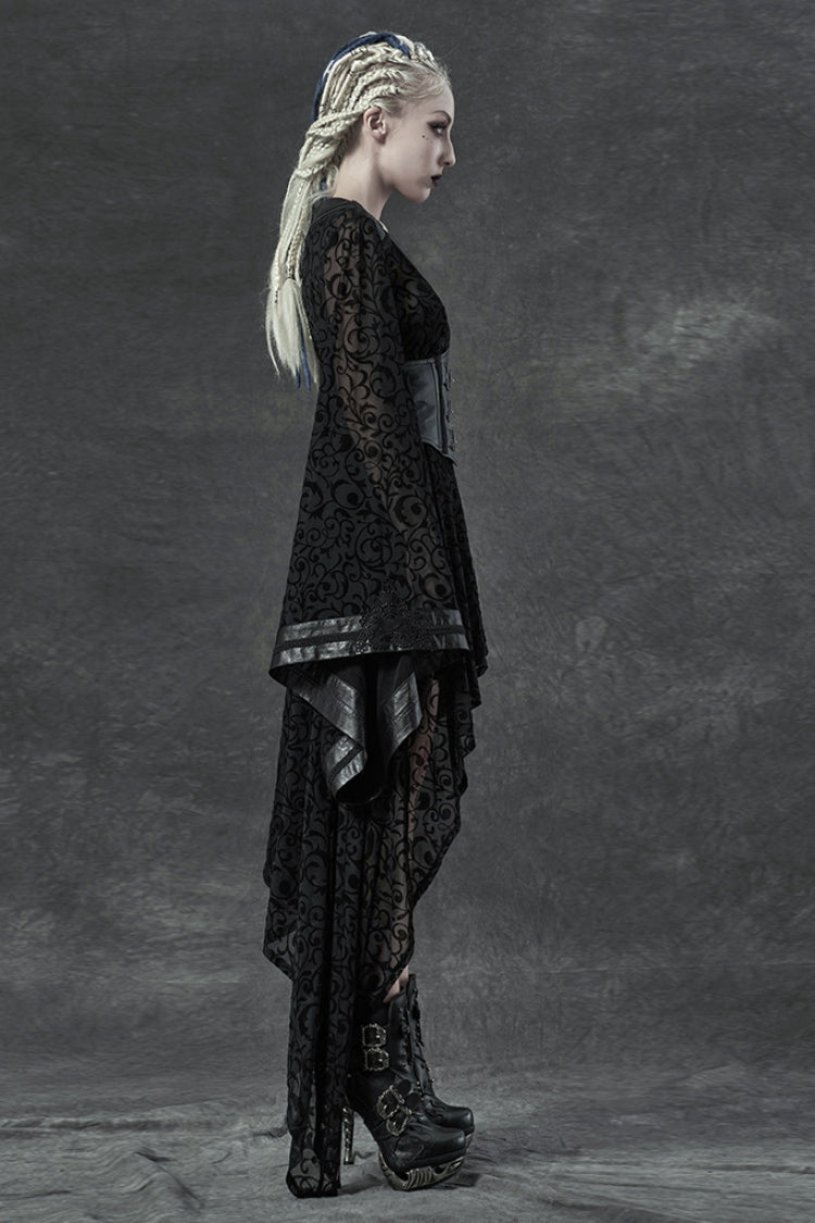 Black V Collar Long Trumpet Sleeves Embroidery Lace Girdle Irregular Womens Gothic Dress