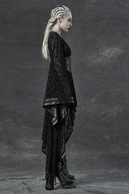 Black V Collar Long Trumpet Sleeves Embroidery Lace Girdle Irregular Womens Gothic Dress
