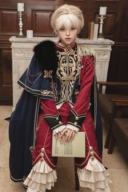 Red/Blue [Royal Glory] Stand Collar Long Sleeves Ruffled Embroidered Gothic Vintage Prince Palace Ouji Lolita Set