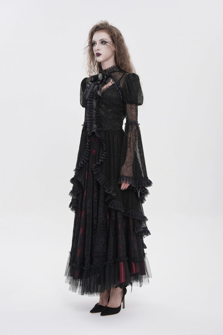 Black Stand Collar Long Trumpet Sleeves Cut-Out Women's Gothic Gorgeous Blouse