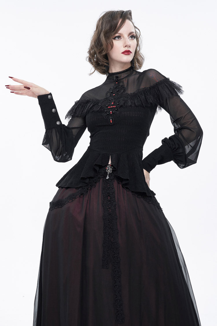 Black Retro Perspective Sexy Turtleneck Lace Panel Mesh Lantern Sleeve Women's Gothic T-Shirt