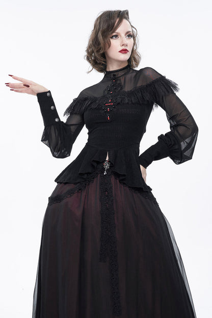 Black Retro Perspective Sexy Turtleneck Lace Panel Mesh Lantern Sleeve Women's Gothic T-Shirt